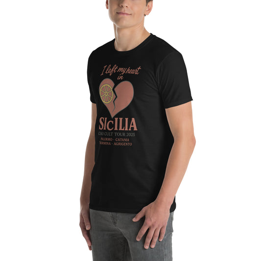 Black unisex tee with brown heart graphic and "Left my heart in Sicilia" text on front. - Ciao Cult - Black / S