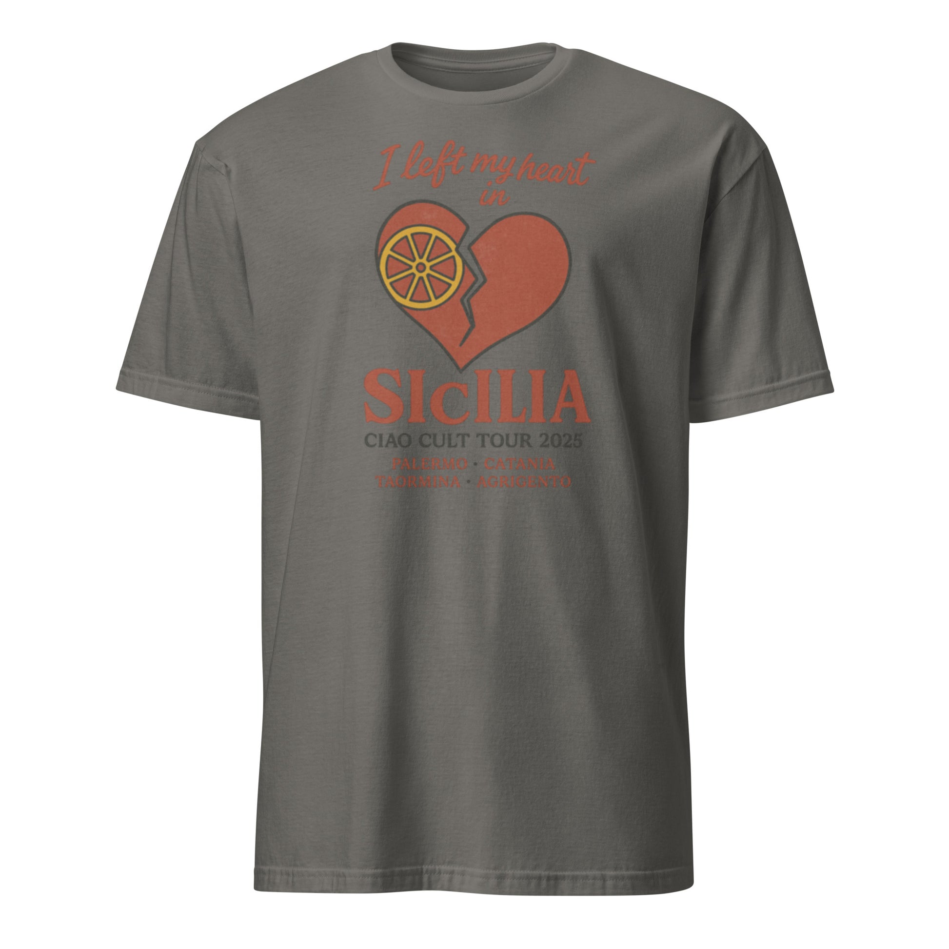 Charcoal unisex tee with "I left my heart Sicilia" text and citrus heart graphic on front. - Ciao Cult - Black / S