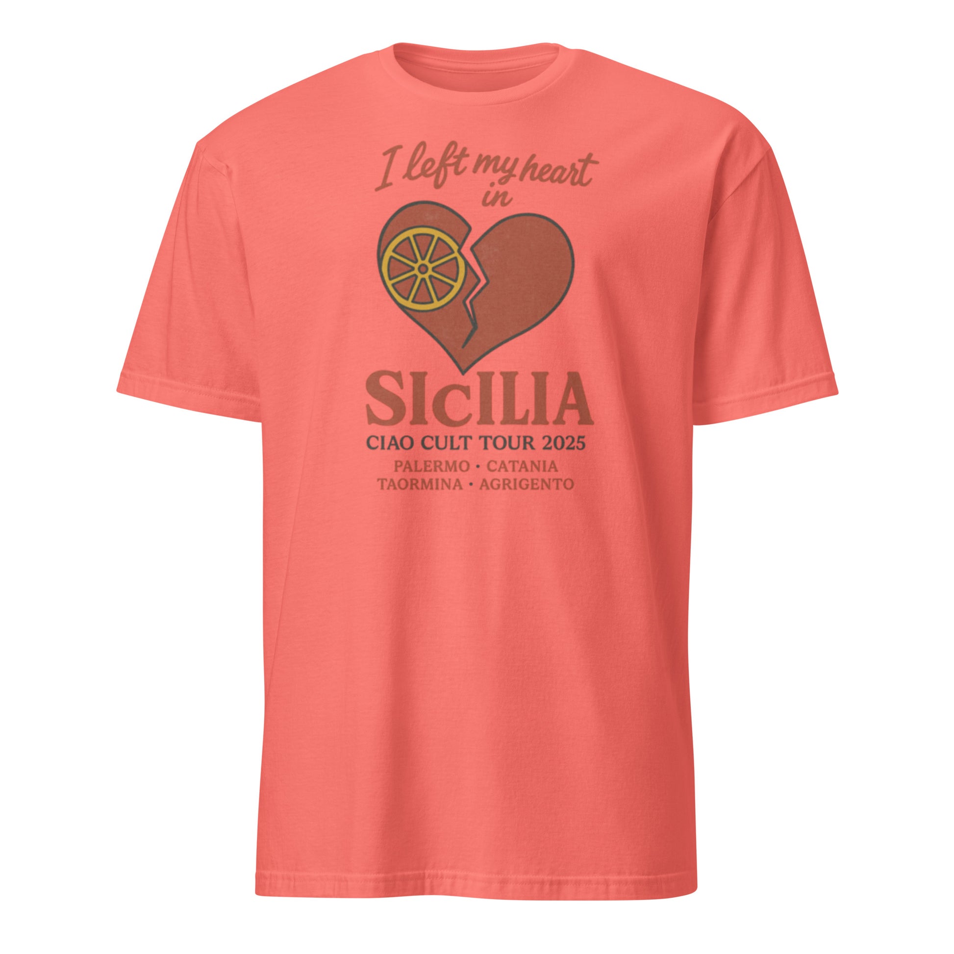 Coral silk unisex t-shirt with vintage heart and lemon graphic and Sicilia text on front. - Ciao Cult - Black / S