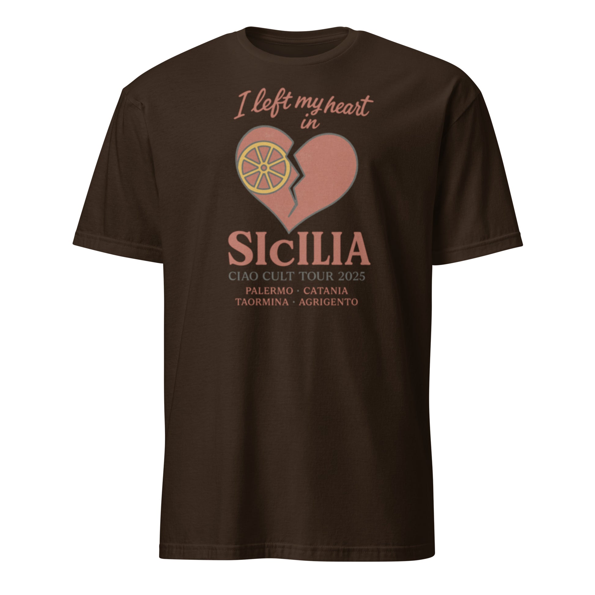 Dark chocolate unisex tee with "I left my heart in Sicilia" text and broken heart graphic with lemon slice. - Ciao Cult - Black / S