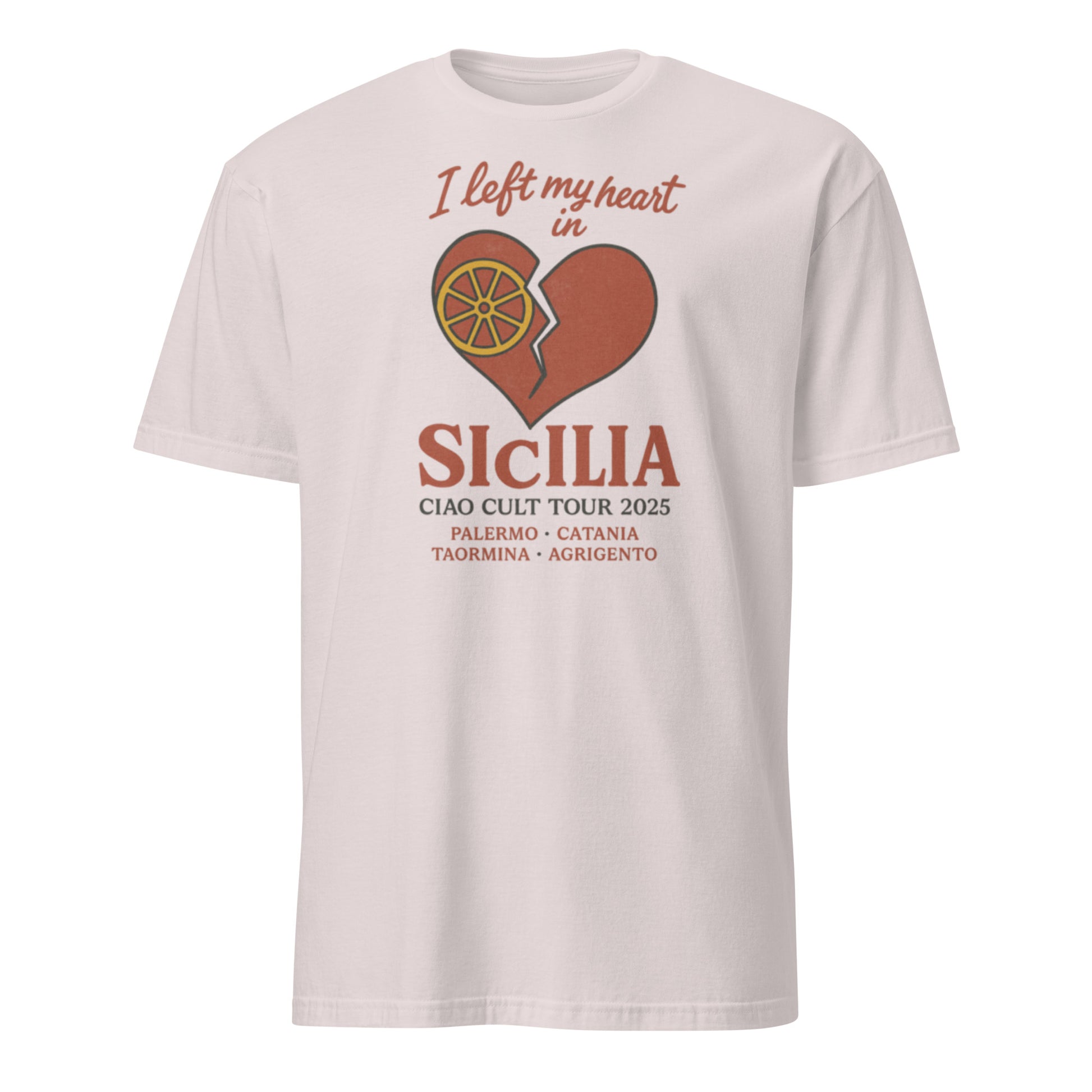 Light pink unisex tee with broken heart and orange slice graphic, "I left my heart in Sicilia" text. - Ciao Cult - Black / S