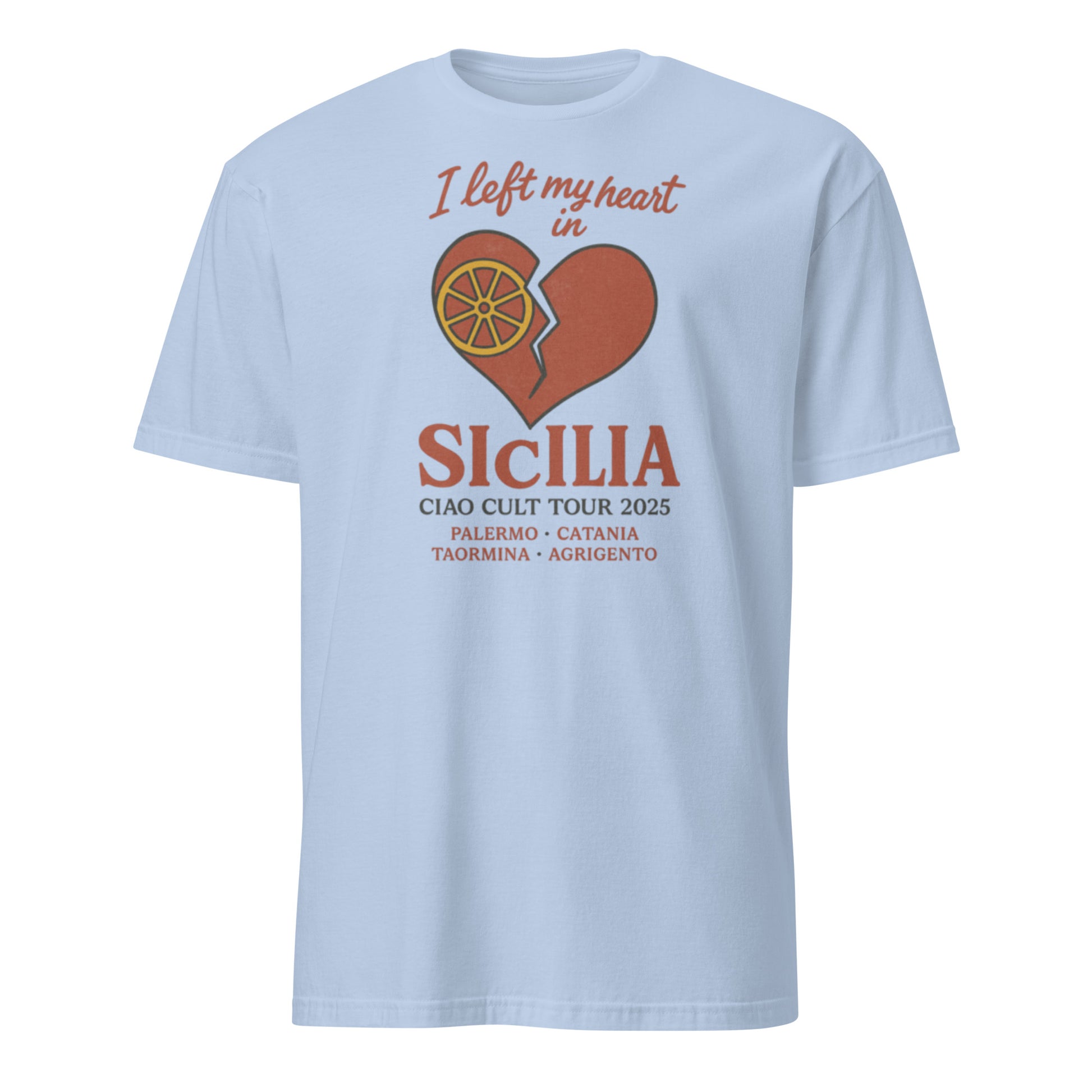 Light blue unisex tee with orange broken heart and citrus graphic, "I left my heart in Sicilia" text, vintage style. - Ciao Cult - Black / S