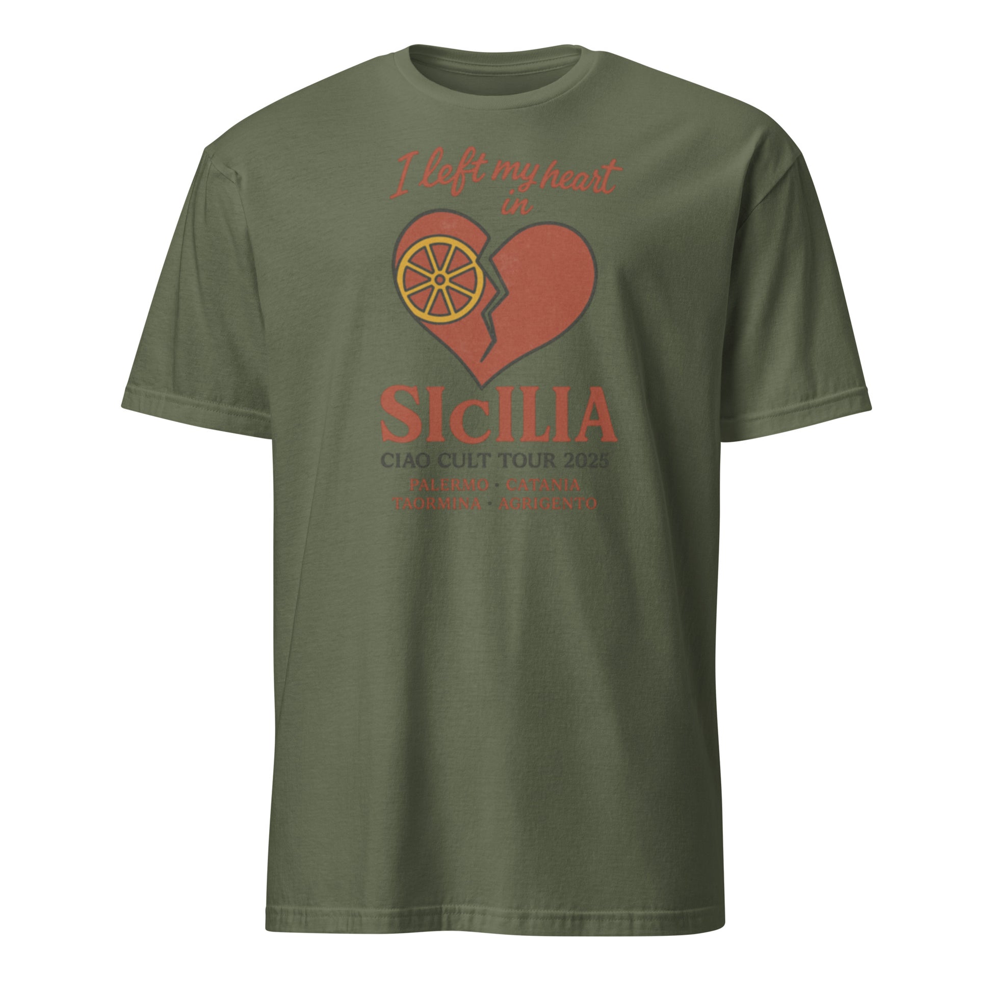 Military green unisex tee with red text, orange slice, and broken heart graphic on front. - Ciao Cult - Black / S