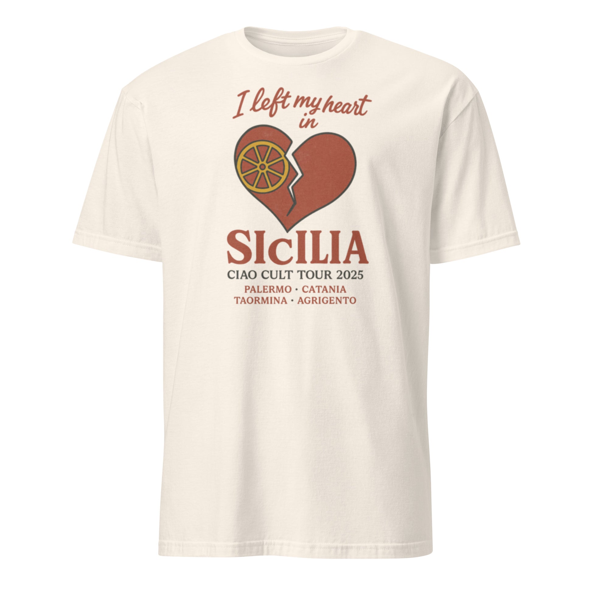 Off-white unisex tee with broken heart and citrus graphic, "I left my heart in Sicilia" text, vintage travel style. - Ciao Cult - Black / S