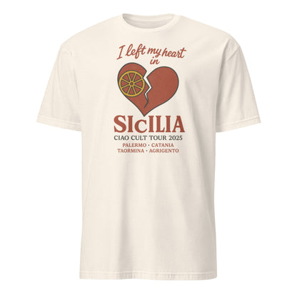 Off-white unisex tee with broken heart and citrus graphic, "I left my heart in Sicilia" text, vintage travel style. - Ciao Cult - Black / S