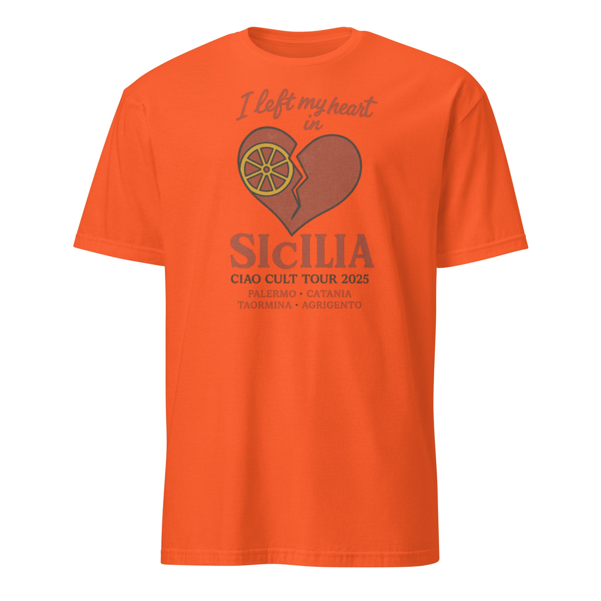Orange unisex tee with heart and citrus graphic and "I left my heart in Sicilia" text. - Ciao Cult - Black / S