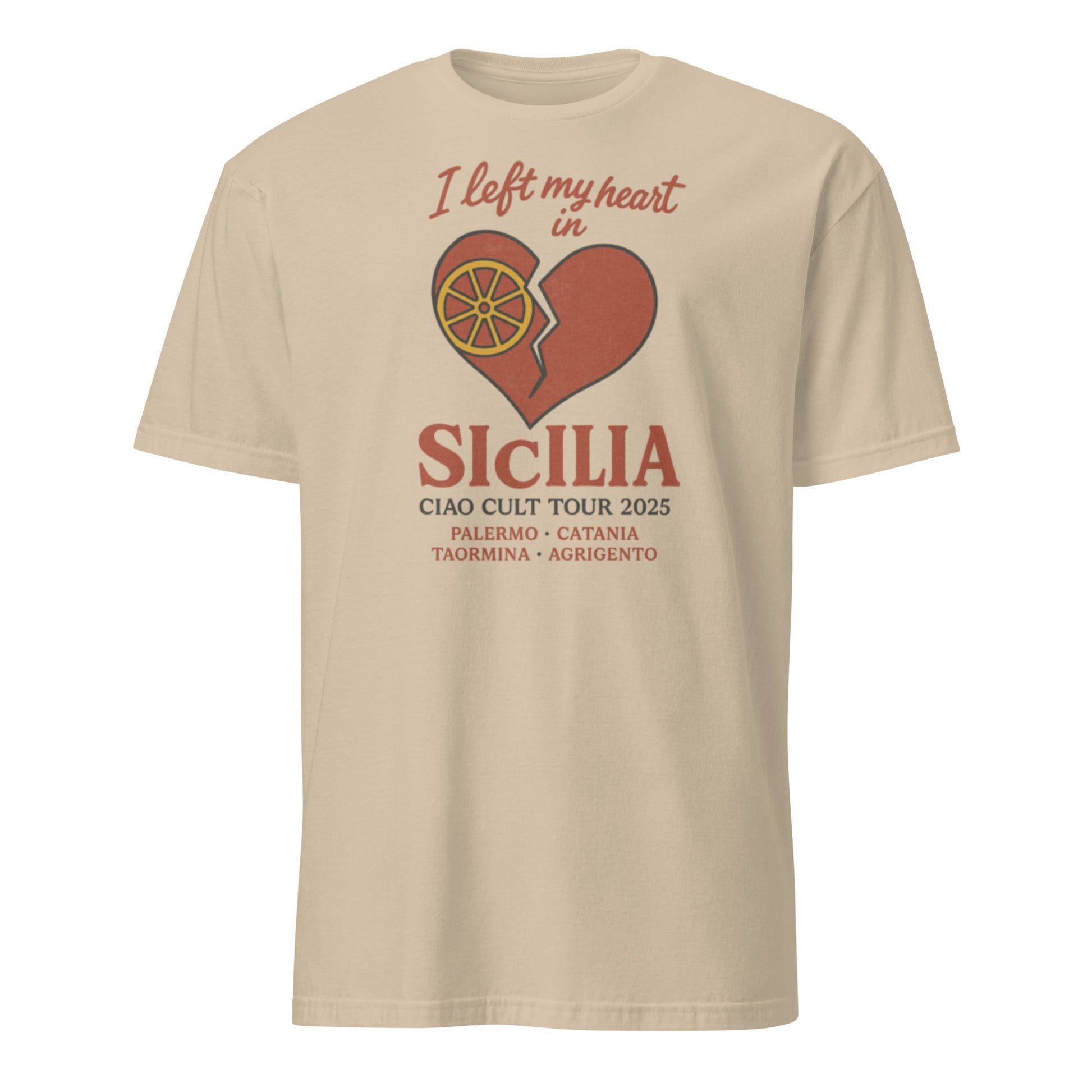 Sand-colored unisex tee with heart and orange slice graphic and "I left my heart in Sicilia" text. - Ciao Cult - Black / S