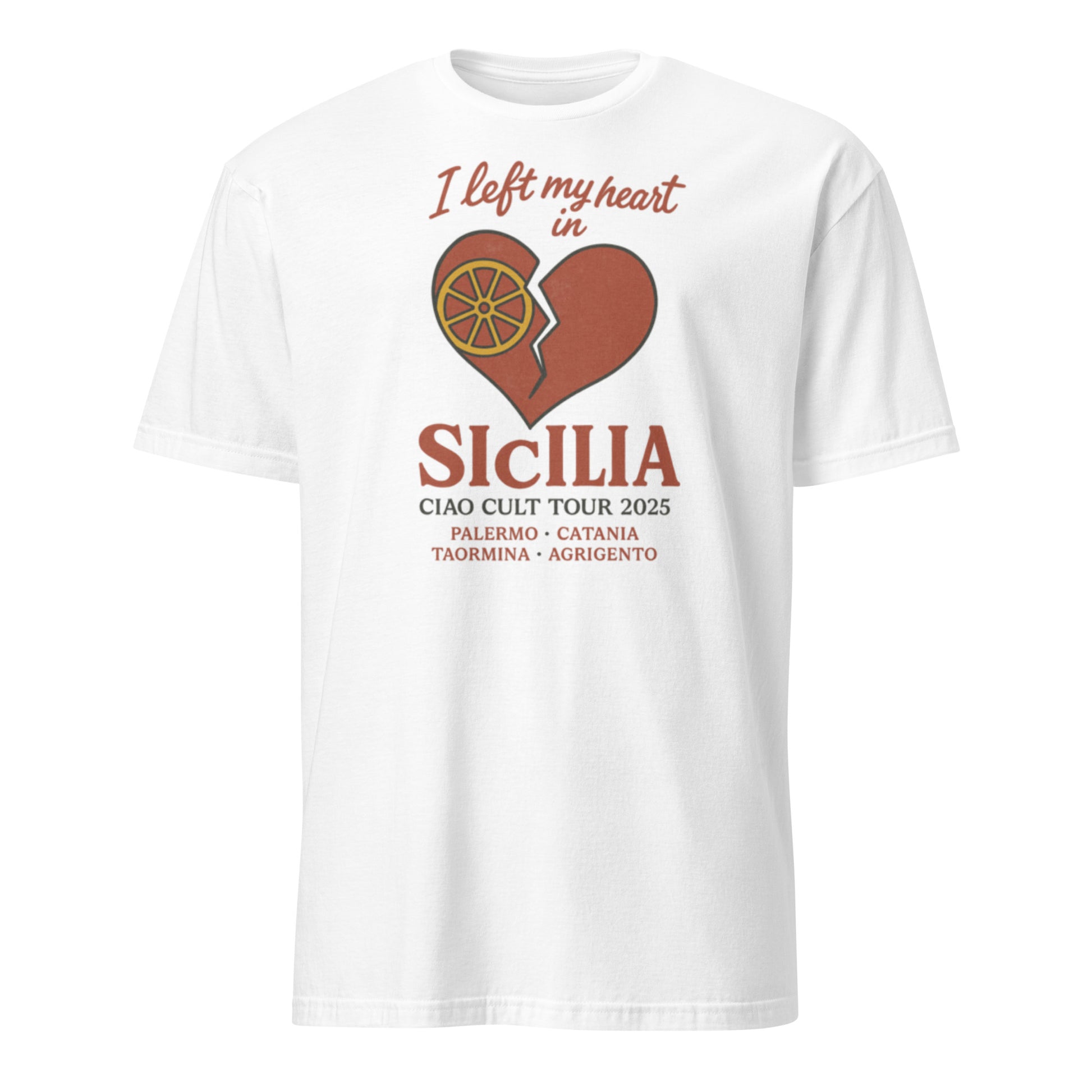 White unisex tee with broken heart and orange slice graphic, "I left my heart in Sicilia" text, and Italian city names. - Ciao Cult - Black / S