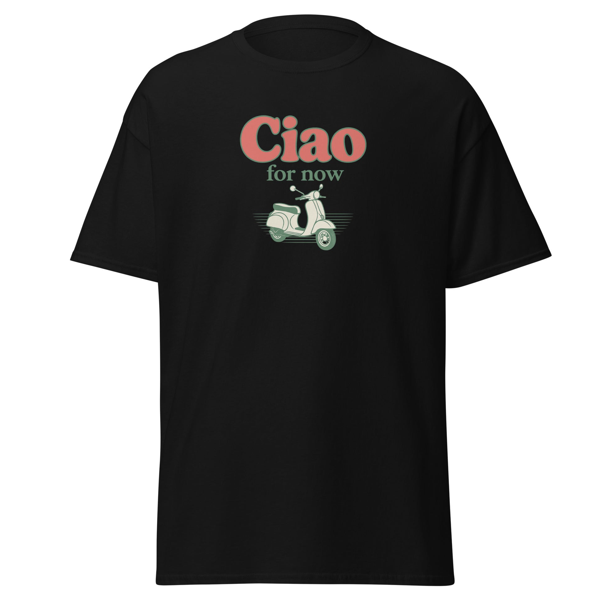 Black unisex t-shirt with "Ciao for now" text and vintage scooter graphic on front. - Ciao Cult - Black / S