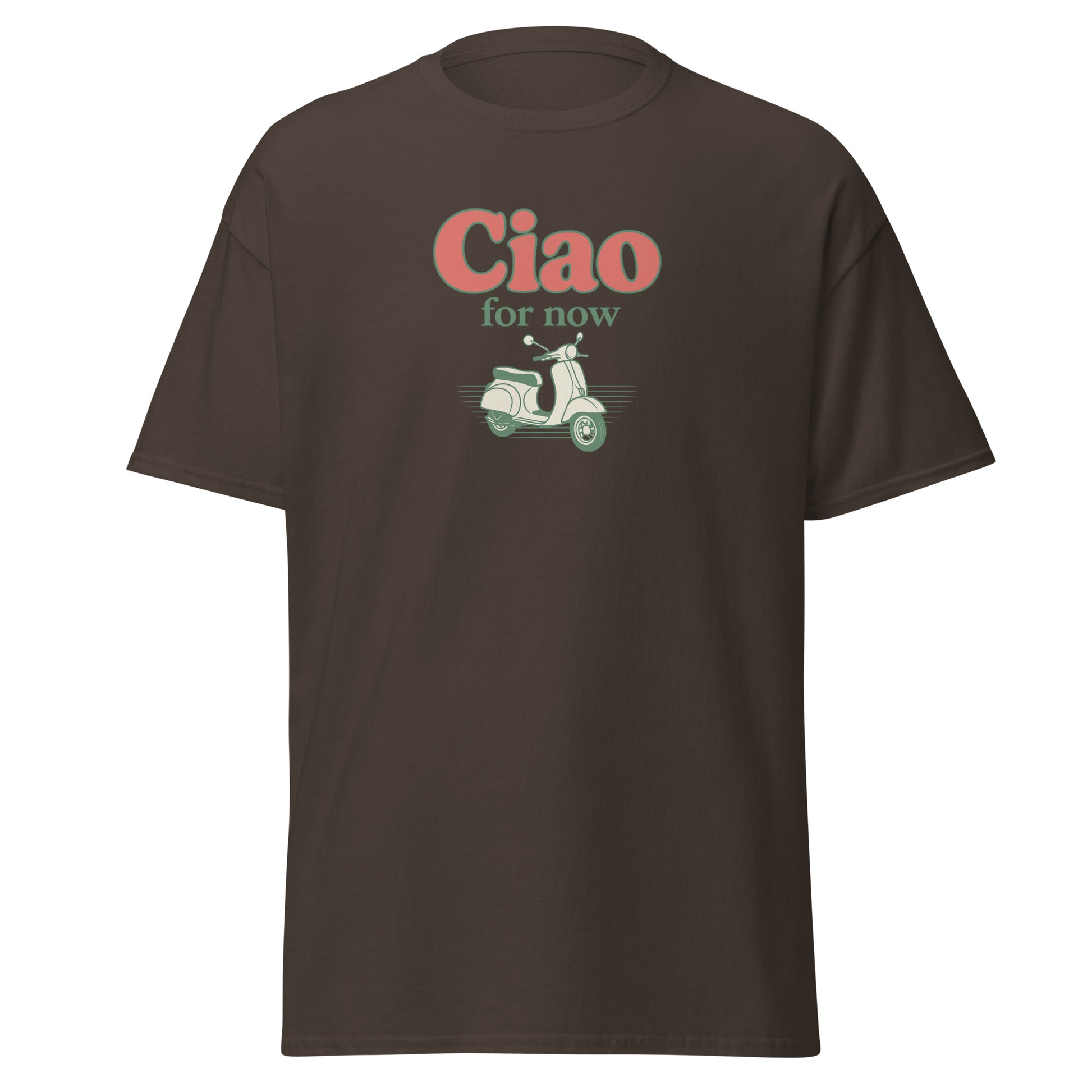 Dark chocolate unisex t-shirt with pink "Ciao for now" text and vintage scooter graphic on front. - Ciao Cult - Black / S
