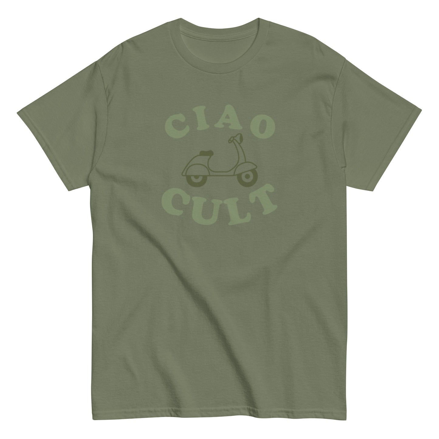 Olive green unisex t-shirt with faded "CIAO CULT" text and vintage scooter graphic on front. - Ciao Cult - S