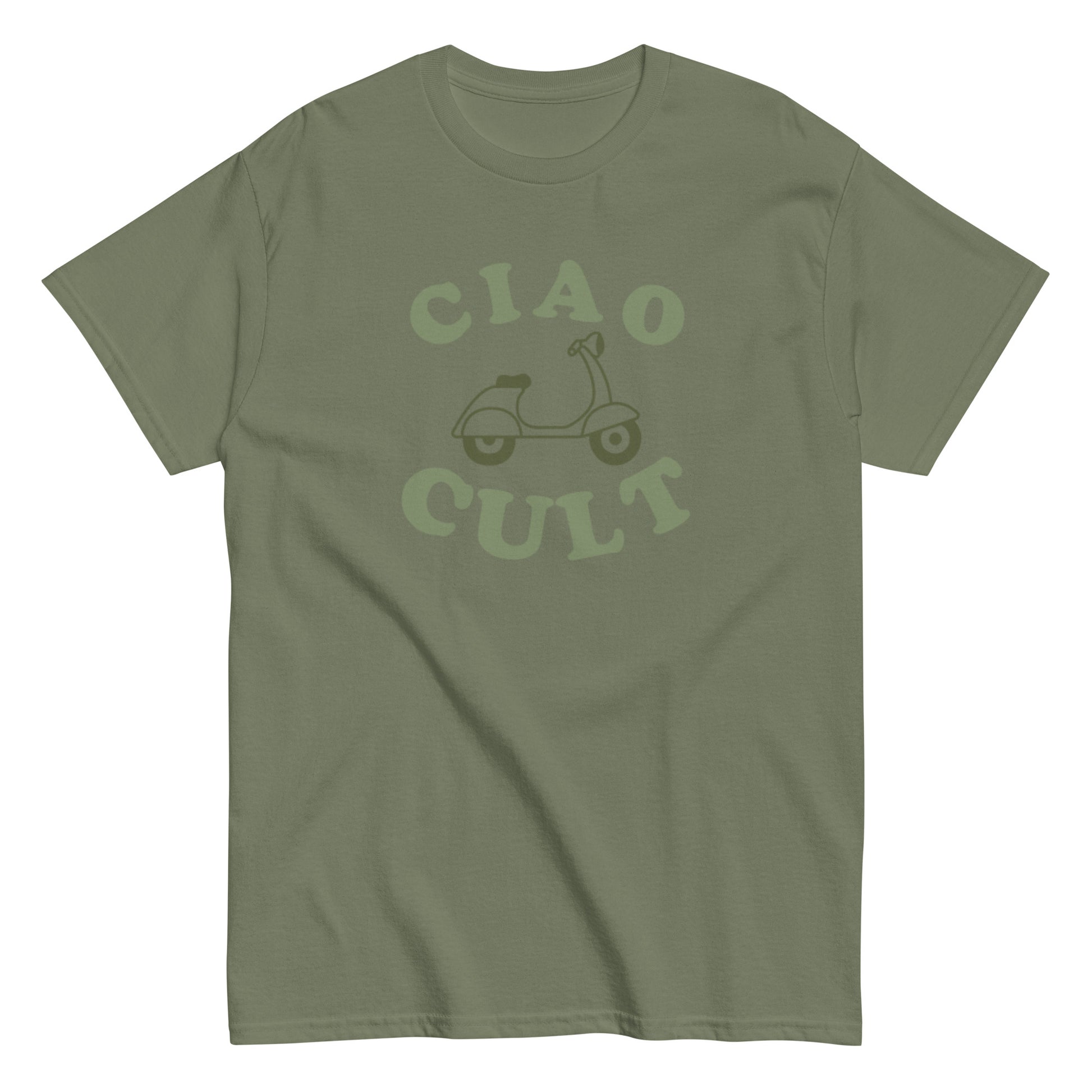 Olive green unisex t-shirt with faded "CIAO CULT" text and vintage scooter graphic on front. - Ciao Cult - S