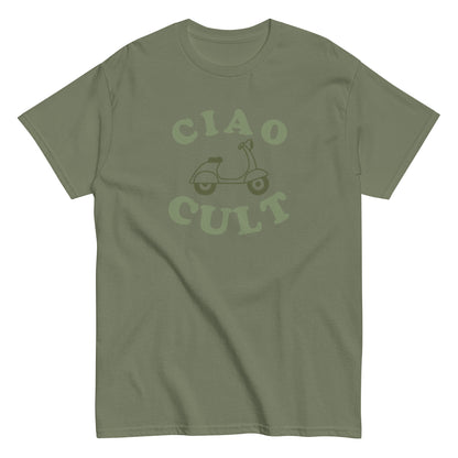 Olive green unisex t-shirt with faded "CIAO CULT" text and vintage scooter graphic on front. - Ciao Cult - S