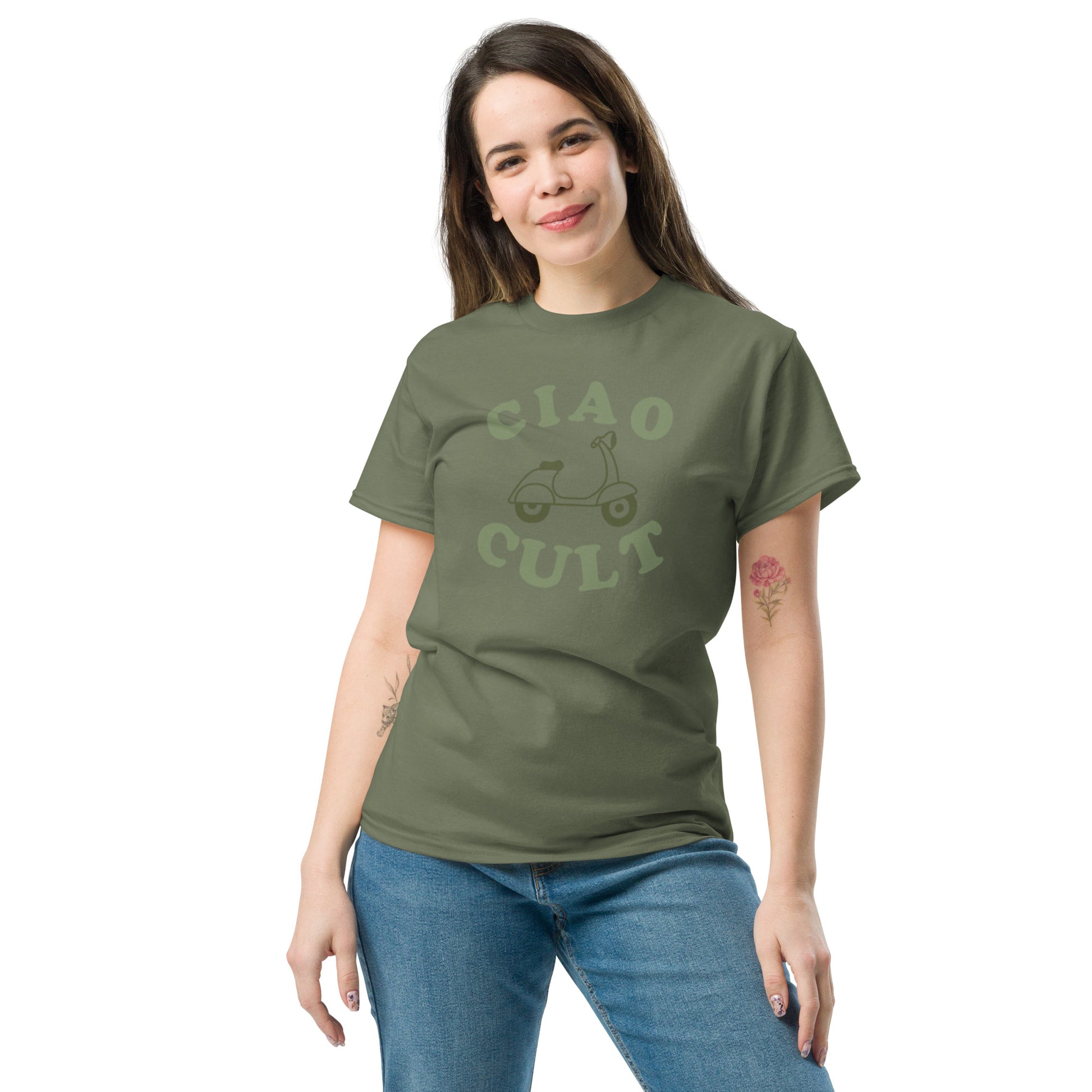 Olive green unisex tee with faded Vespa scooter and "Ciao Cult" text, paired with jeans. - Ciao Cult - S