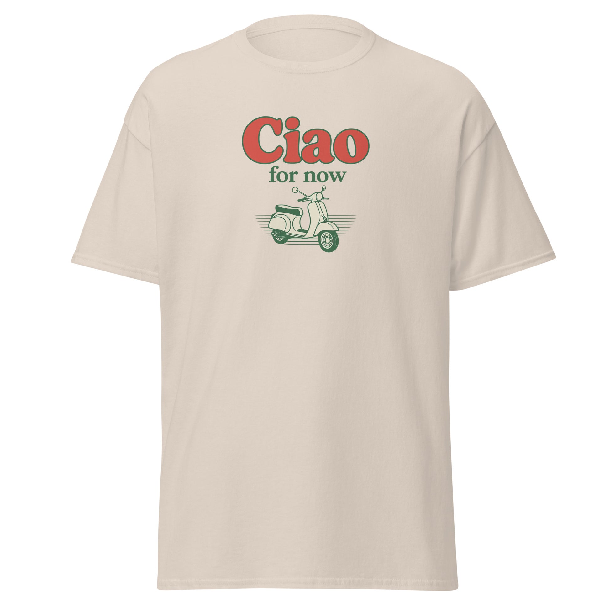 Natural-colored unisex cotton tee with "Ciao for now" text and vintage scooter graphic in red and green. - Ciao Cult - Black / S