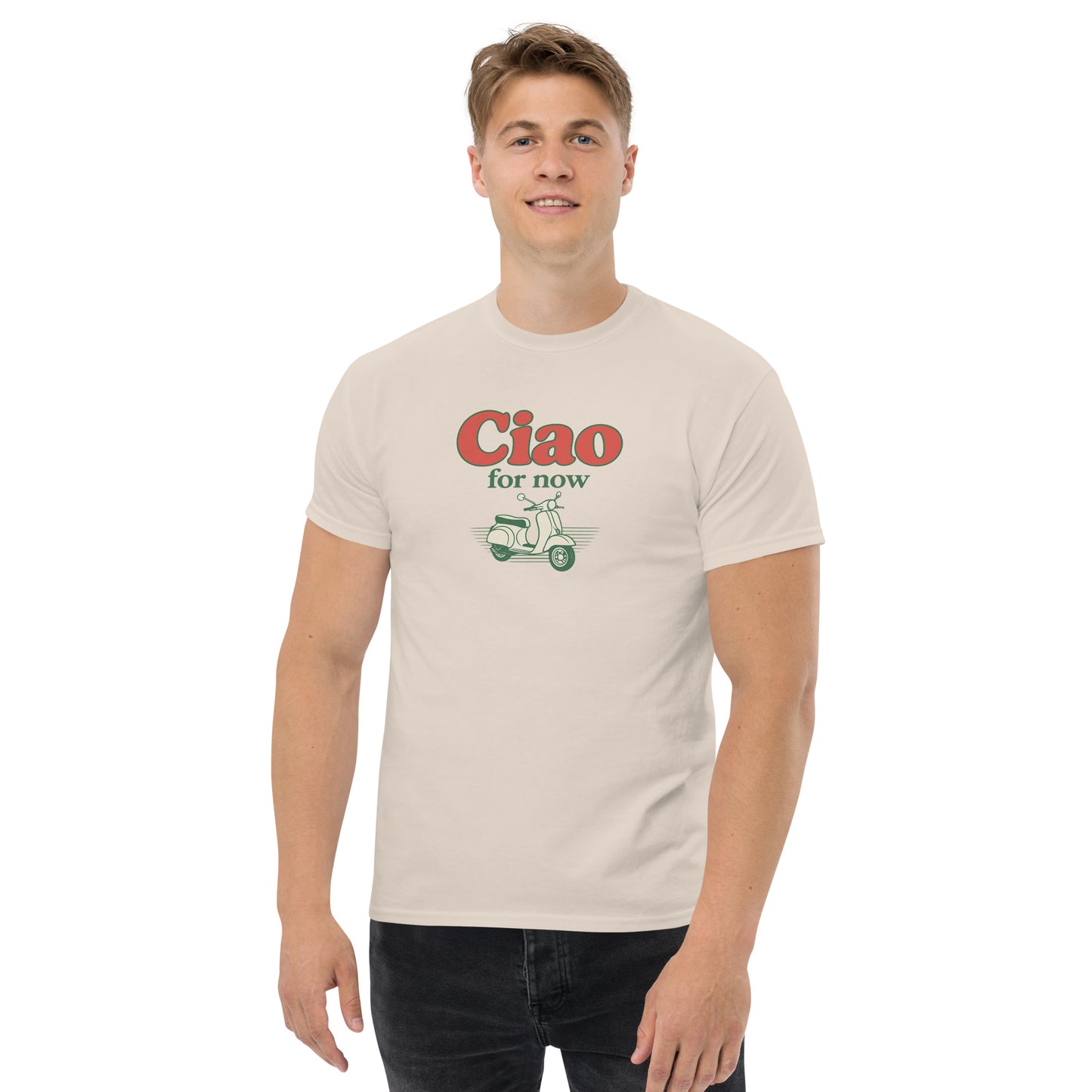 Natural color unisex cotton tee with "Ciao for now" text and green scooter graphic on front. - Ciao Cult - Black / S