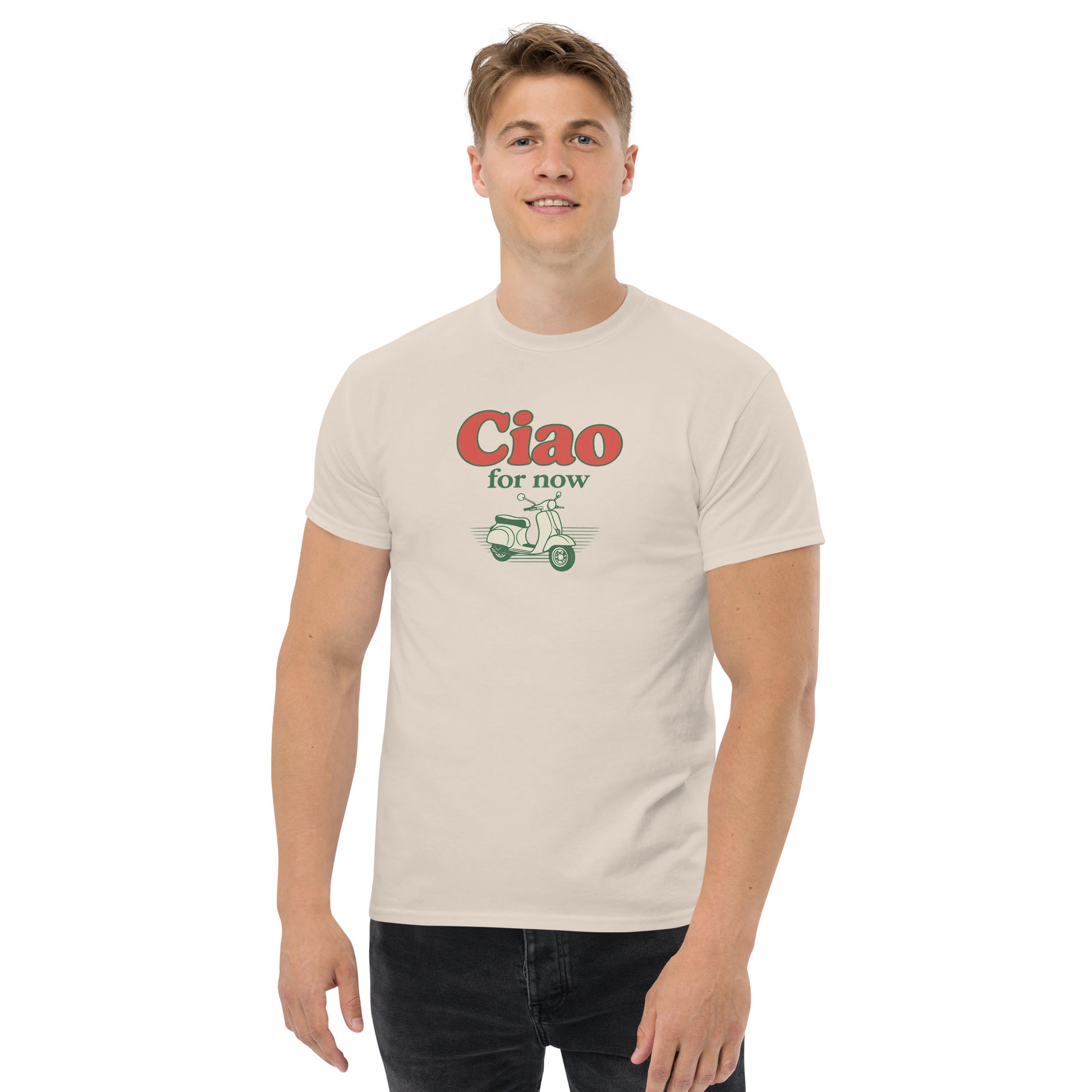 Natural color unisex cotton tee with "Ciao for now" text and green scooter graphic on front. - Ciao Cult - Black / S