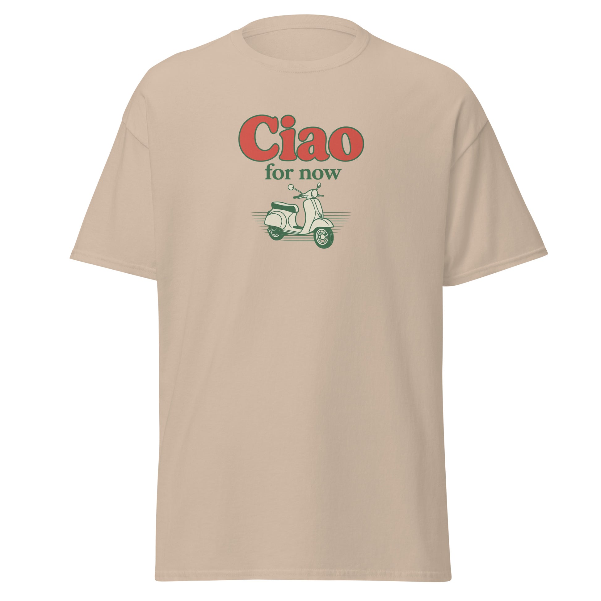 Sand-colored unisex cotton tee with "Ciao for now" text and green scooter graphic on front. - Ciao Cult - Black / S