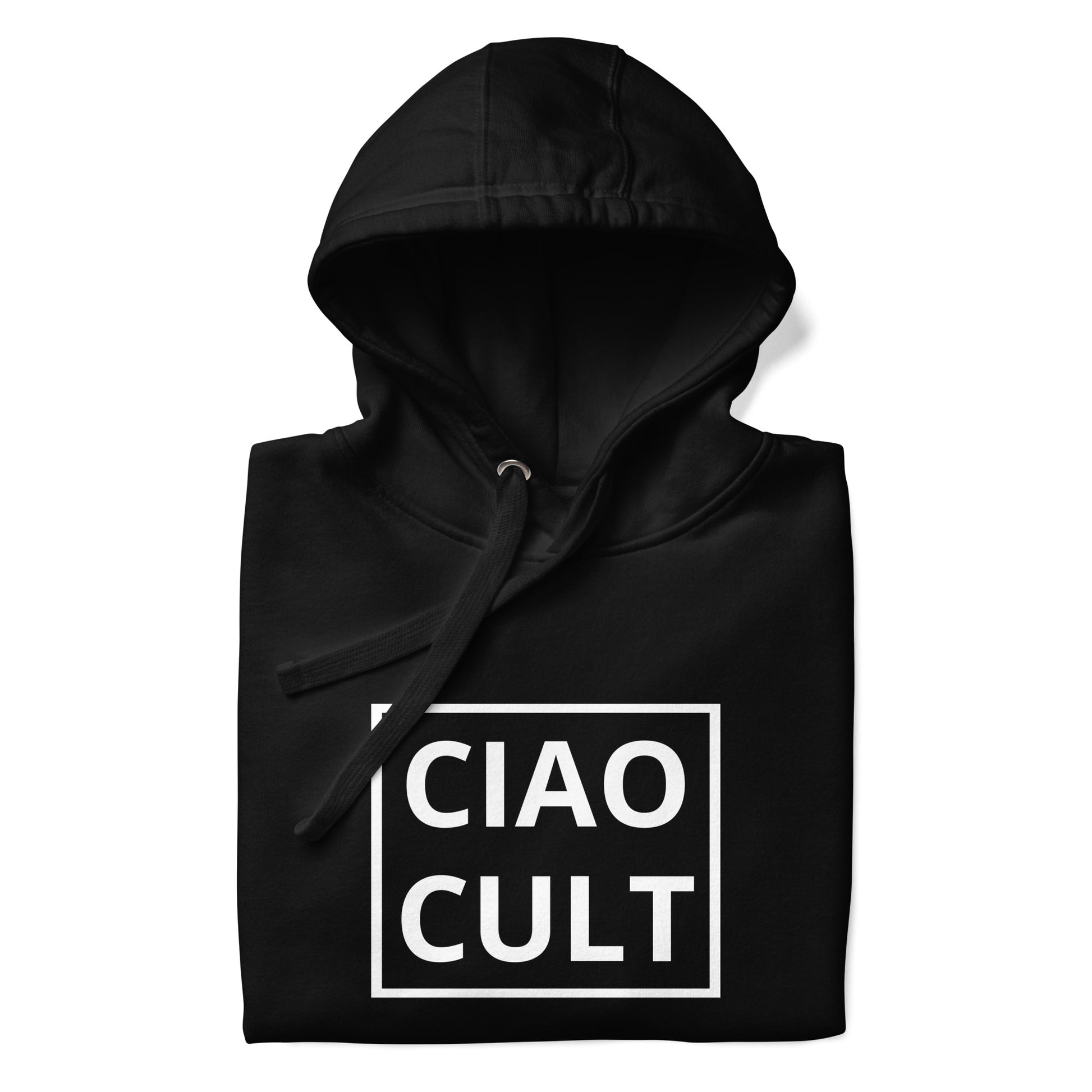 Black unisex hoodie with white CIAO CULT logo in bold square print and adjustable drawstring hood. - Ciao Cult - S