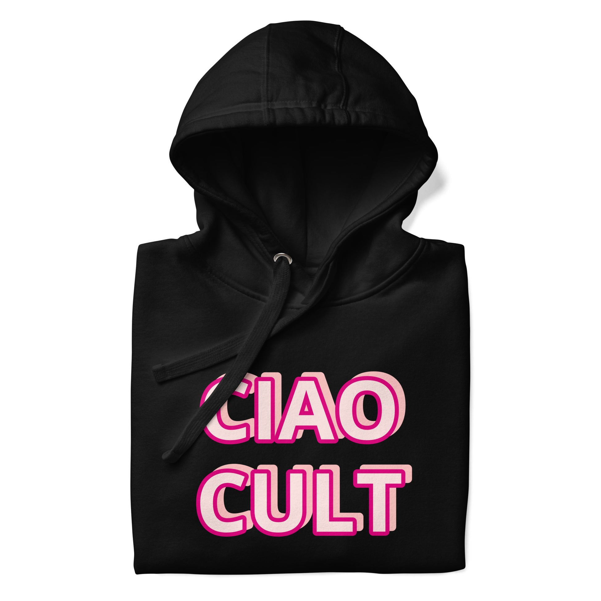 Black hoodie with bold pink and white "CIAO CULT" text in retro block letters on front. - Ciao Cult - Black / S