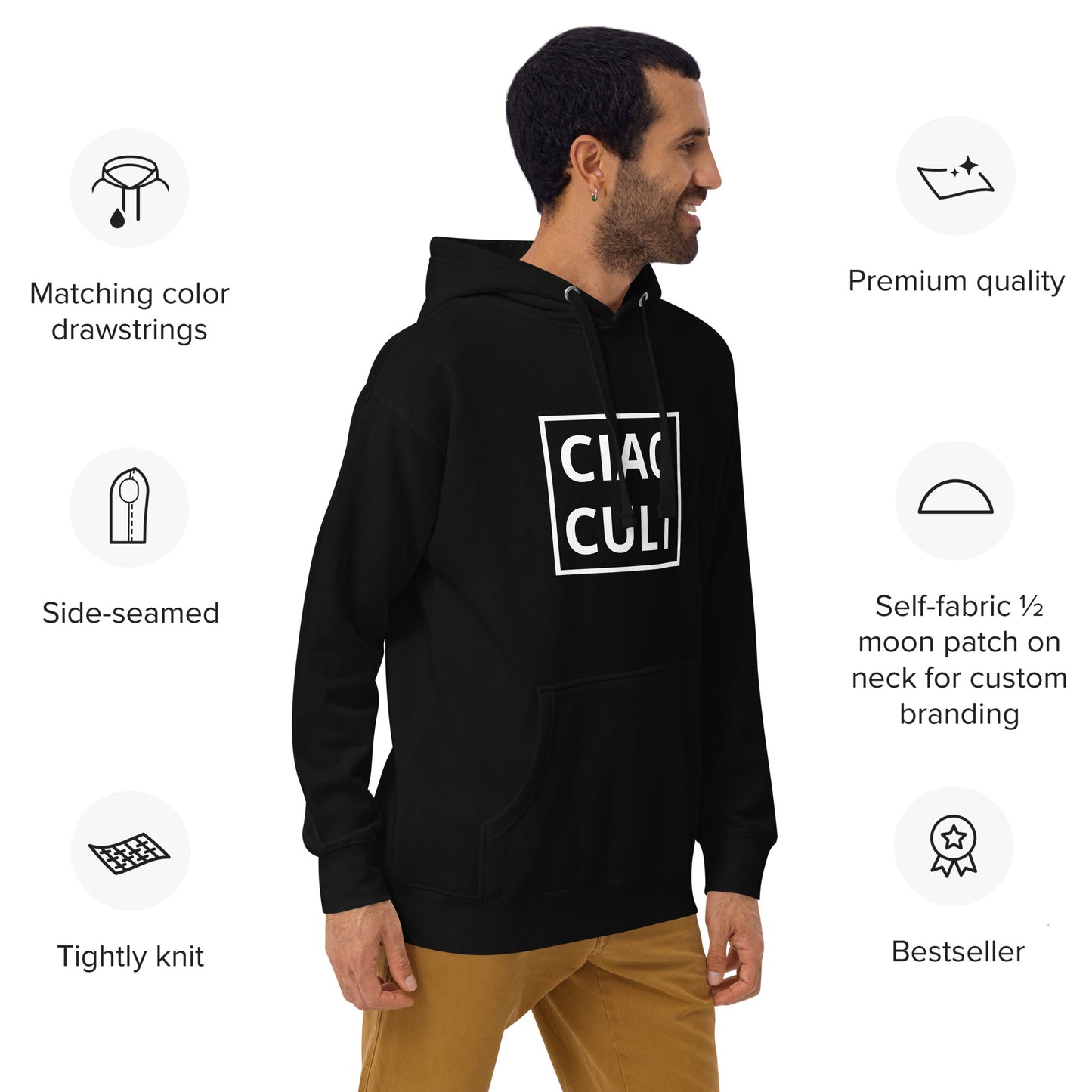 Black unisex hoodie with white Ciao Cult logo, matching drawstrings, and soft fleece fabric. - Ciao Cult - S