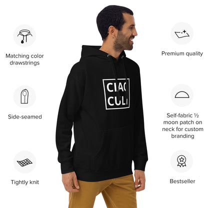 Black unisex hoodie with white Ciao Cult logo, matching drawstrings, and soft fleece fabric. - Ciao Cult - S