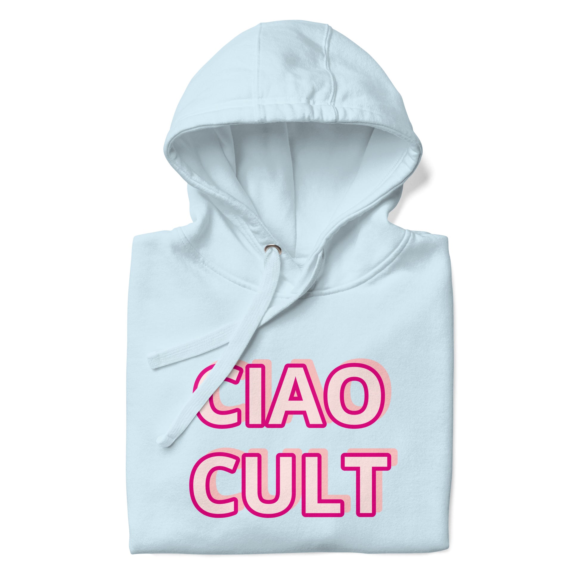Light blue hoodie with bold pink "CIAO CULT" text on the front, soft fleece material, drawstring hood. - Ciao Cult - Black / S