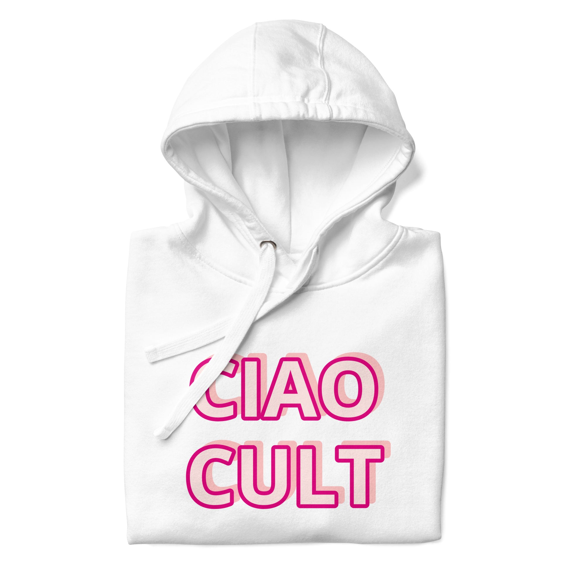 White soft fleece hoodie with bold pink "CIAO CULT" text in retro font, drawstring hood. - Ciao Cult - Black / S