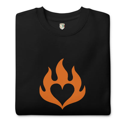 Black fleece crewneck sweatshirt with orange flame heart graphic on front. - Ciao Cult - Black / S