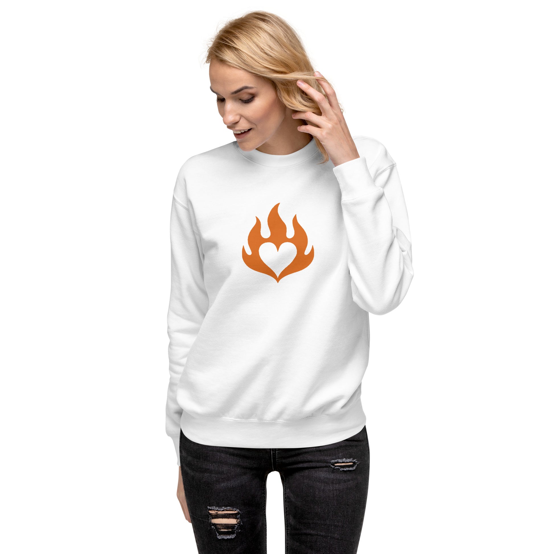 White unisex fleece crewneck sweatshirt with orange flame heart graphic on front. - Ciao Cult - Black / S