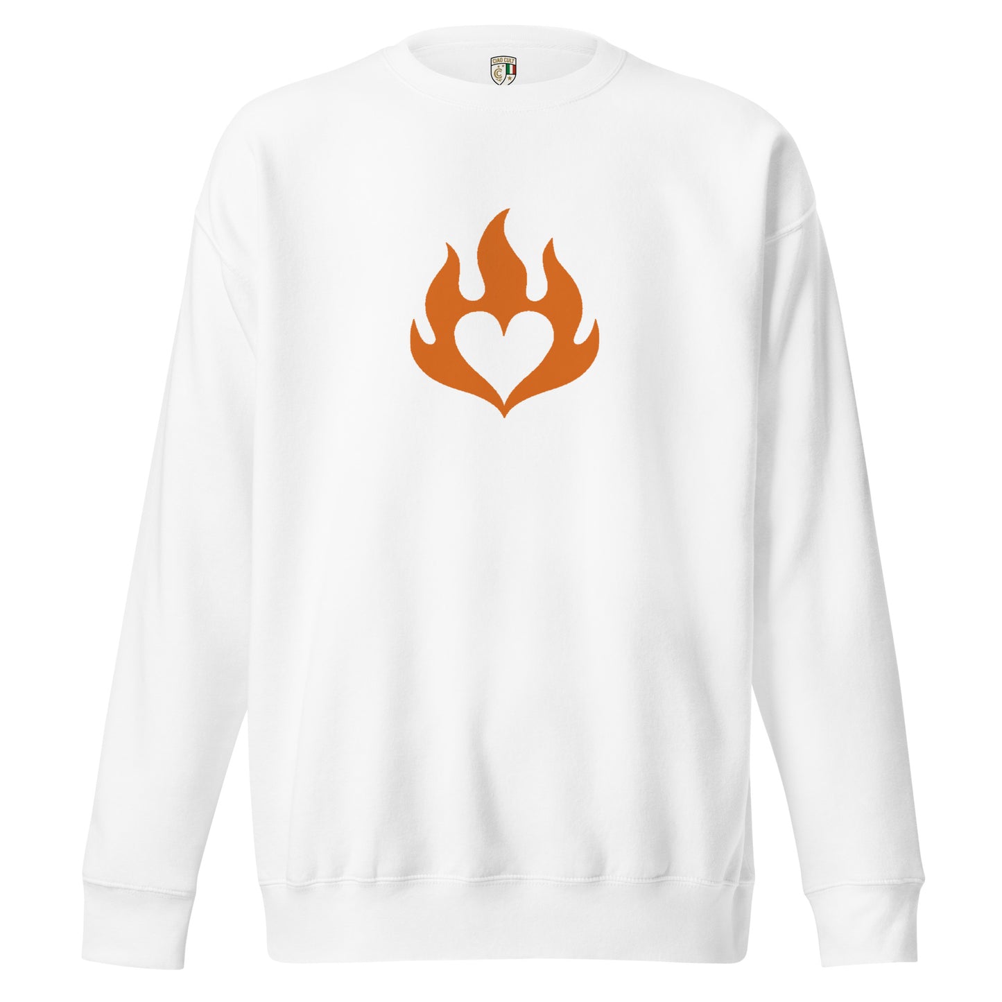 White unisex fleece crewneck sweatshirt with orange flame heart graphic on front. - Ciao Cult - Black / S