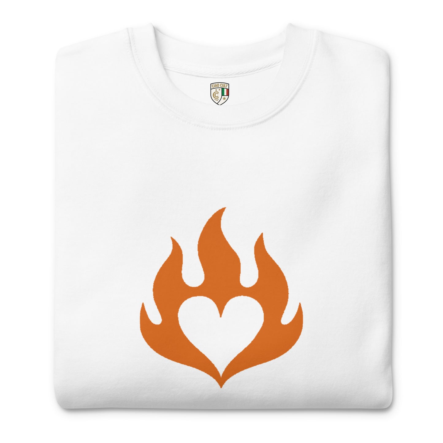 White crewneck sweatshirt with orange flame heart graphic on front, soft fleece fabric. - Ciao Cult - Black / S