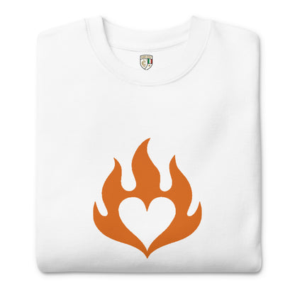 White crewneck sweatshirt with orange flame heart graphic on front, soft fleece fabric. - Ciao Cult - Black / S