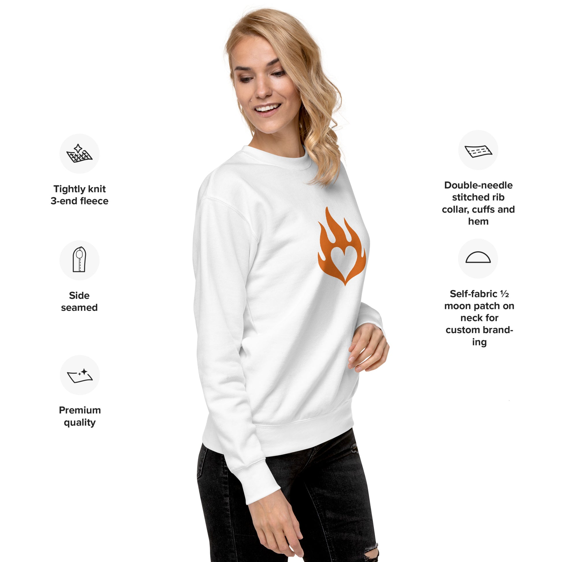 White unisex fleece crewneck sweatshirt with orange flame heart graphic on front, ribbed cuffs and hem. - Ciao Cult - Black / S