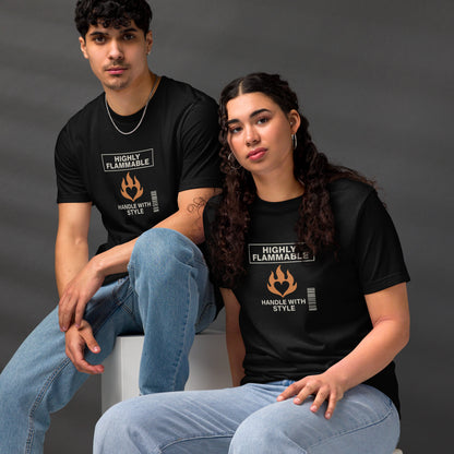 Black unisex tee with "Highly Flammable" flame and barcode graphic, streetwear style. - Ciao Cult - Black / XS