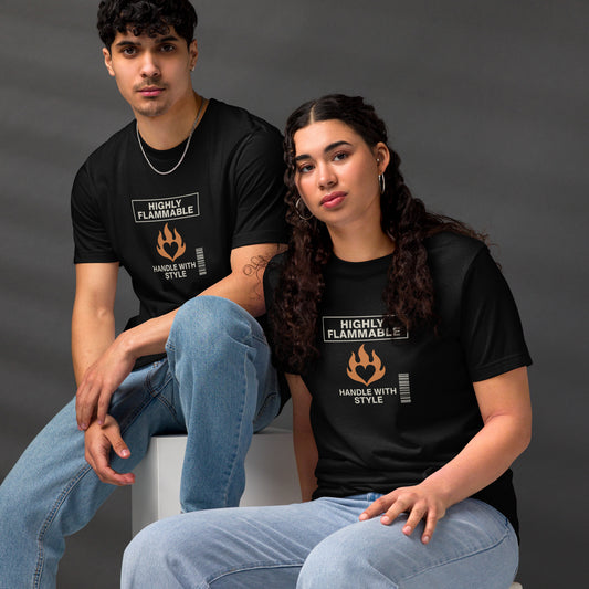 Black unisex tee with "Highly Flammable" flame and barcode graphic, streetwear style. - Ciao Cult - Black / XS