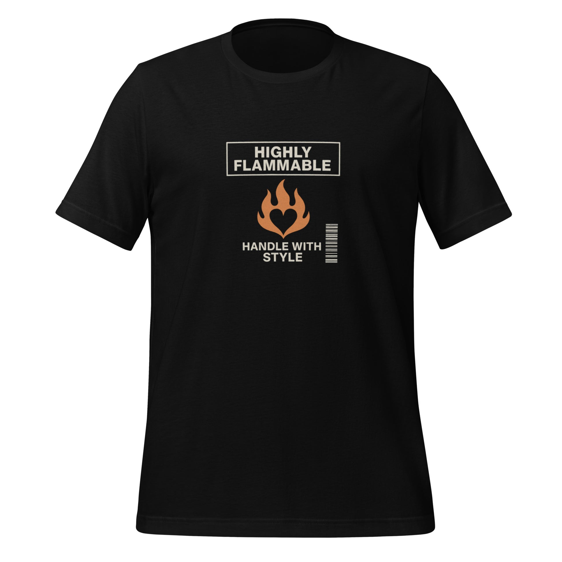 Black unisex t-shirt with orange flame graphic and "Highly Flammable Handle With Style" text on front. - Ciao Cult - Black / XS