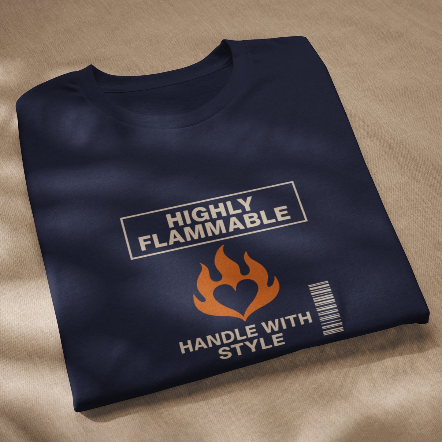 Navy eco unisex tee with "Highly Flammable" text, flaming barcode graphic, and "Handle With Style" slogan. - Ciao Cult - Black / XS