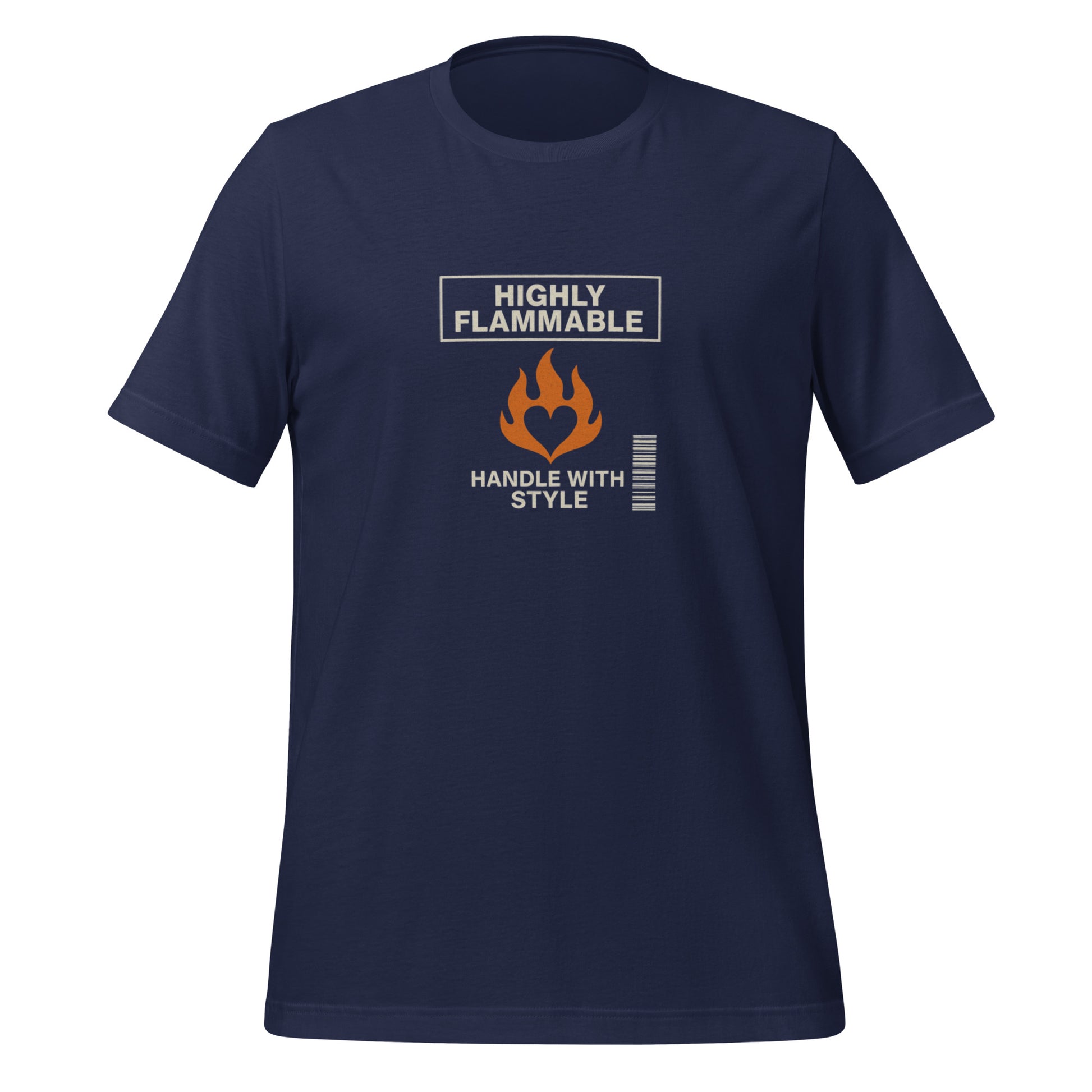 Navy blue unisex t-shirt with "Highly Flammable" and flame graphic in orange and white text. - Ciao Cult - Black / XS