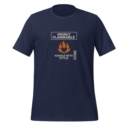 Navy blue unisex t-shirt with "Highly Flammable" and flame graphic in orange and white text. - Ciao Cult - Black / XS