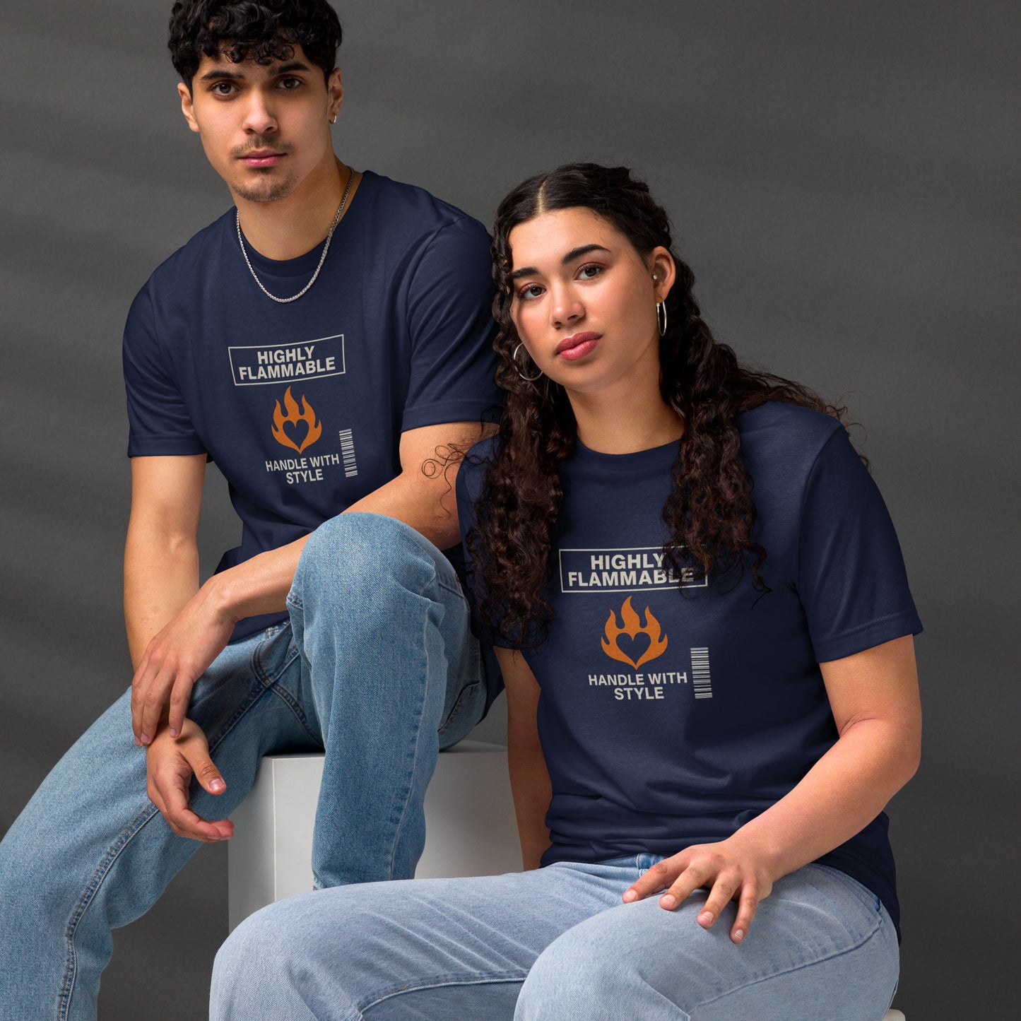 Navy blue unisex tee with orange flame and barcode graphic, "Highly Flammable" text on front. - Ciao Cult - Black / XS