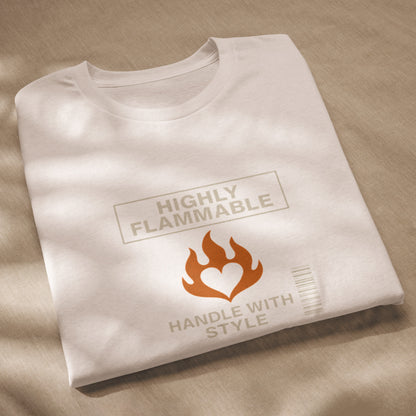 White eco-friendly unisex tee with "Highly Flammable" text, flame graphic, and "Handle With Style" slogan. - Ciao Cult - Black / XS