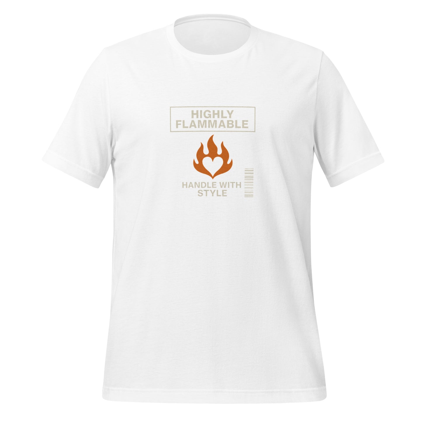 White eco-friendly unisex t-shirt with orange flame graphic and "Highly Flammable" text design on front. - Ciao Cult - Black / XS