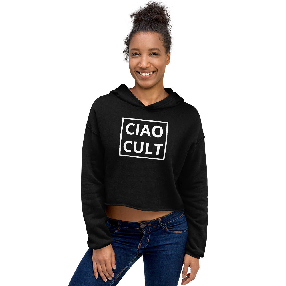Black cropped hoodie with white CIAO CULT logo, raw hem, long sleeves, and hood on female model. - Ciao Cult - Black / S