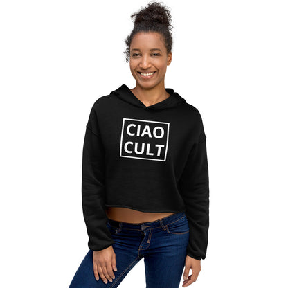 Black cropped hoodie with white CIAO CULT logo, raw hem, long sleeves, and hood on female model. - Ciao Cult - Black / S
