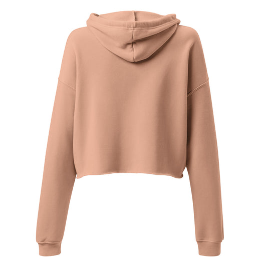 Peach-colored women's crop hoodie with soft fleece fabric and raw hem, back view. - Ciao Cult - Black / S