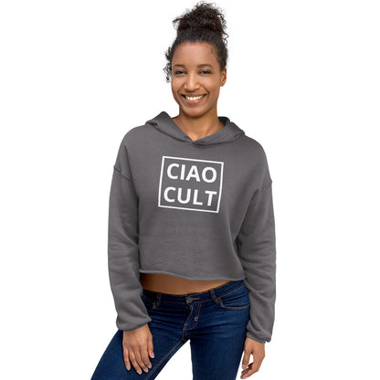 Gray cropped hoodie with white CIAO CULT logo, raw hem, and relaxed fit on model smiling. - Ciao Cult - Black / S