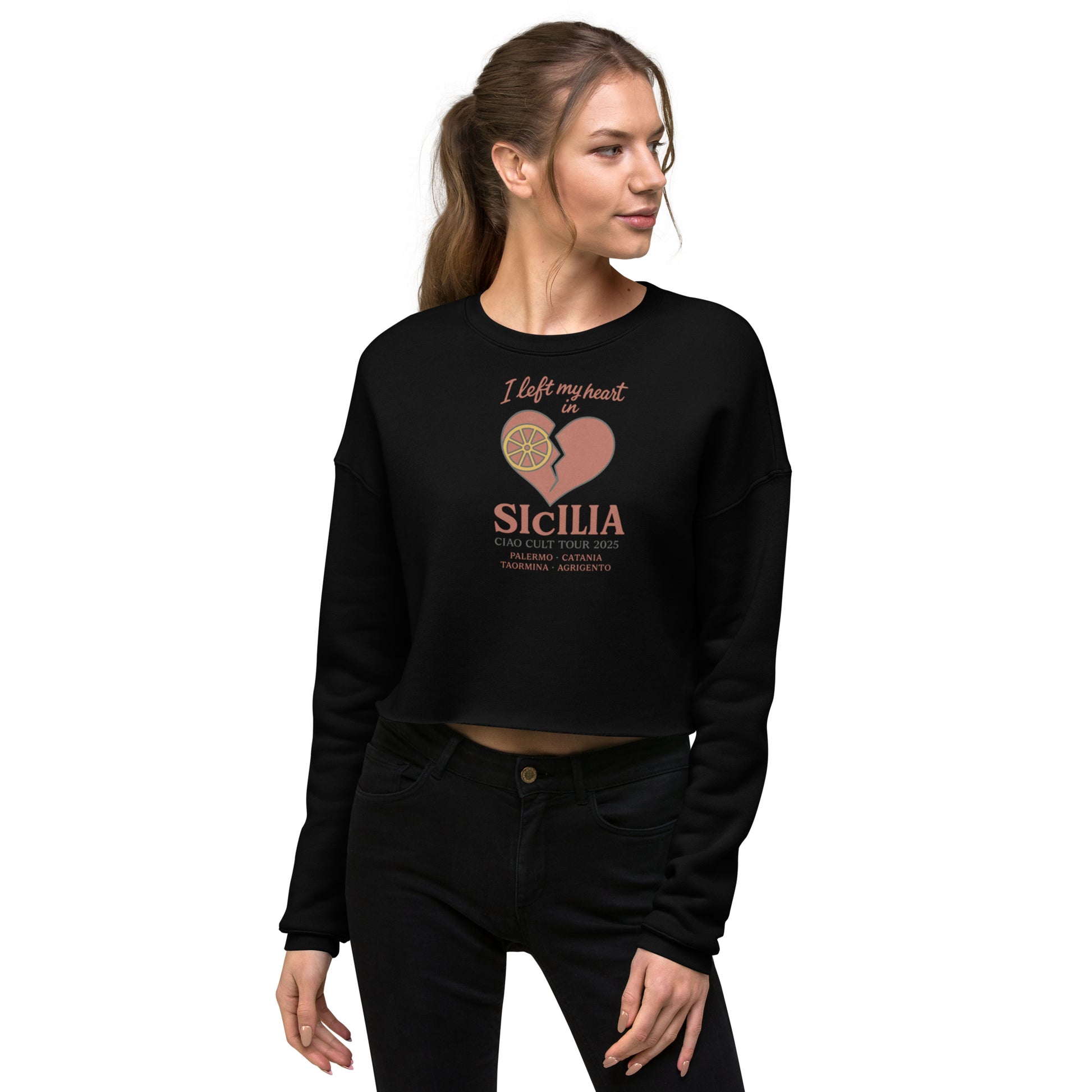Black cropped sweatshirt with raw hem, heart graphic, and "Sicilia Tour 25" text in mauve pink. - Ciao Cult - Black / S