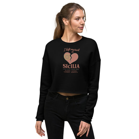 Black cropped sweatshirt with raw hem, heart graphic, and "Sicilia Tour 25" text in mauve pink. - Ciao Cult - Black / S