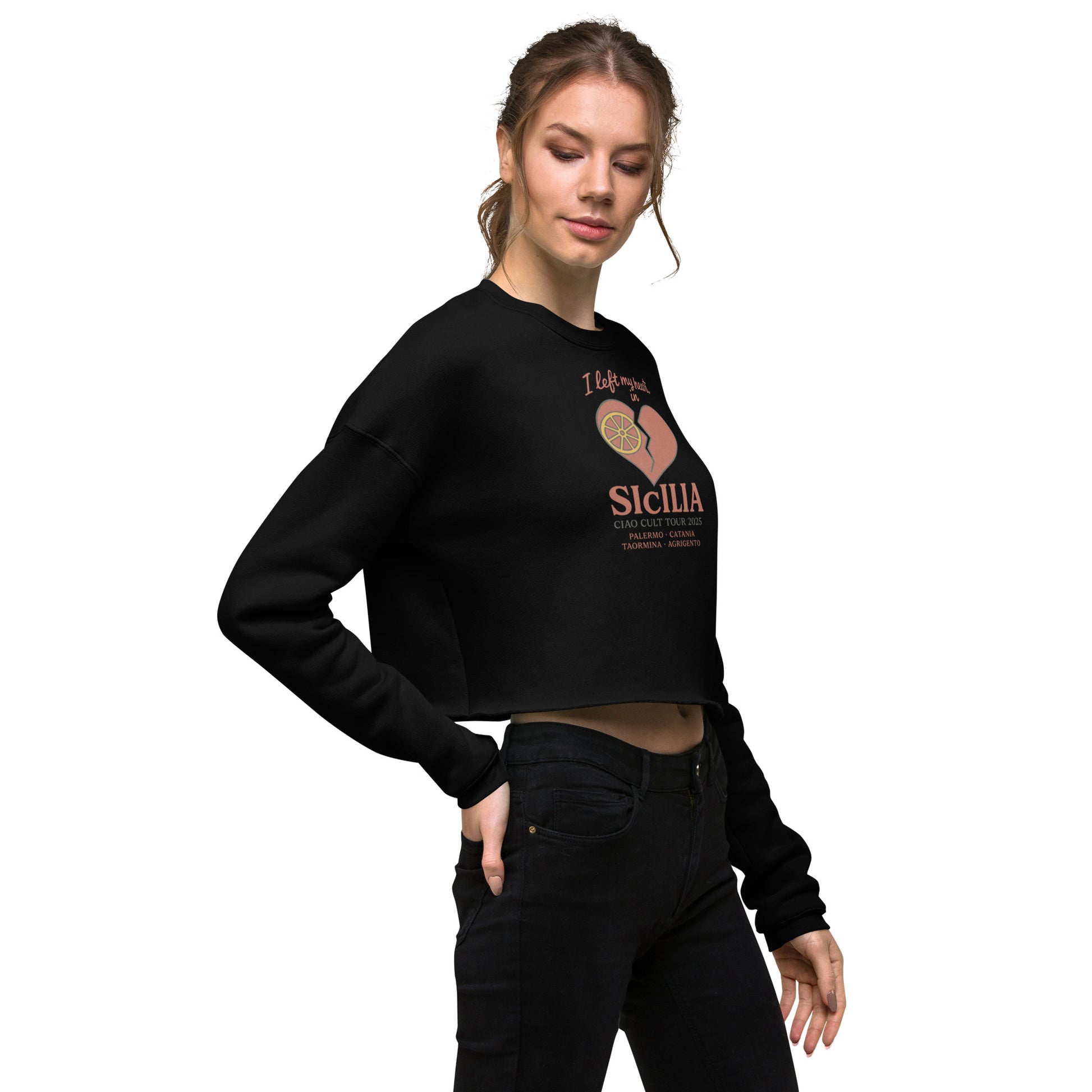 Black cropped sweatshirt with raw hem, Sicilia graphic and long sleeves on model. - Ciao Cult - Black / S
